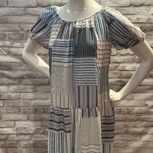 LOFT plaid stripe patchwork rayon dress short sleeve lined maxi blue white light